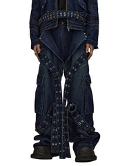Men's Grommet-Strap Cargo Jeans with edgy grommet details and utility pockets for streetwear and gothic style
