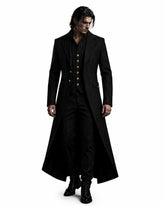 Gothic Victorian men's tailcoat with high collar and dramatic long back tail