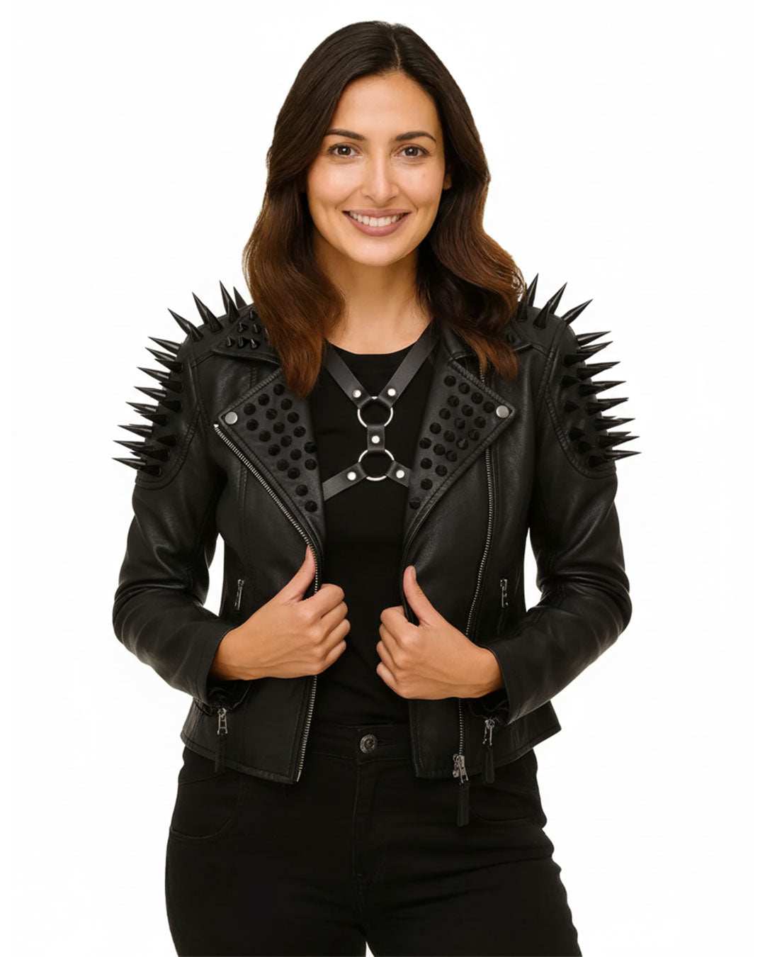 Woman wearing Killstar Black Magic black vegan leather biker jacket with spiked shoulders and silver hardware