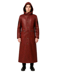 Maroon hooded gothic leather trench coat with button closure and zippered pockets, full-length design.