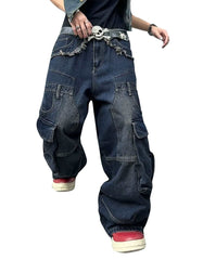 Men’s wide leg denim pants with relaxed fit and cargo pockets in dark wash