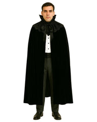 Man wearing Black Stand Collar Gothic Cloak with high collar and flowing full-length design