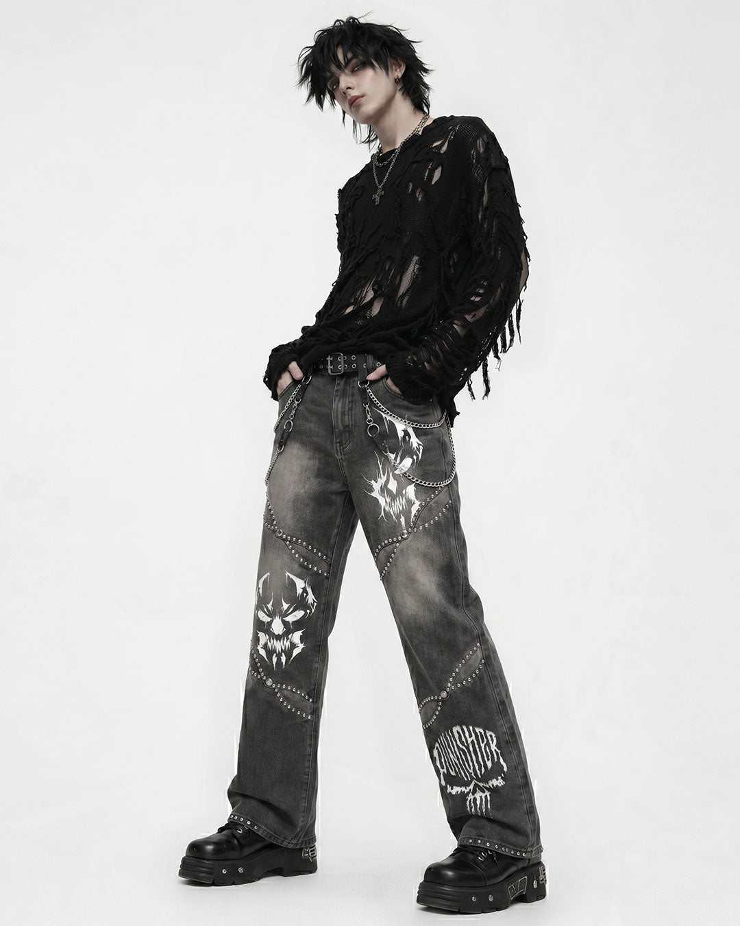Unisex VenomVale Gothic Jeans with TRIPPPRS Death Skull design, oversized wide-leg black denim with skull graphics and metal studs