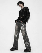 Unisex VenomVale Gothic Jeans with TRIPPPRS Death Skull design, oversized wide-leg black denim with skull graphics and metal studs