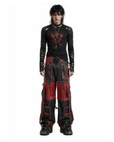 Bloodforge men's gothic leather pants in red and black with wide-leg fit, front view