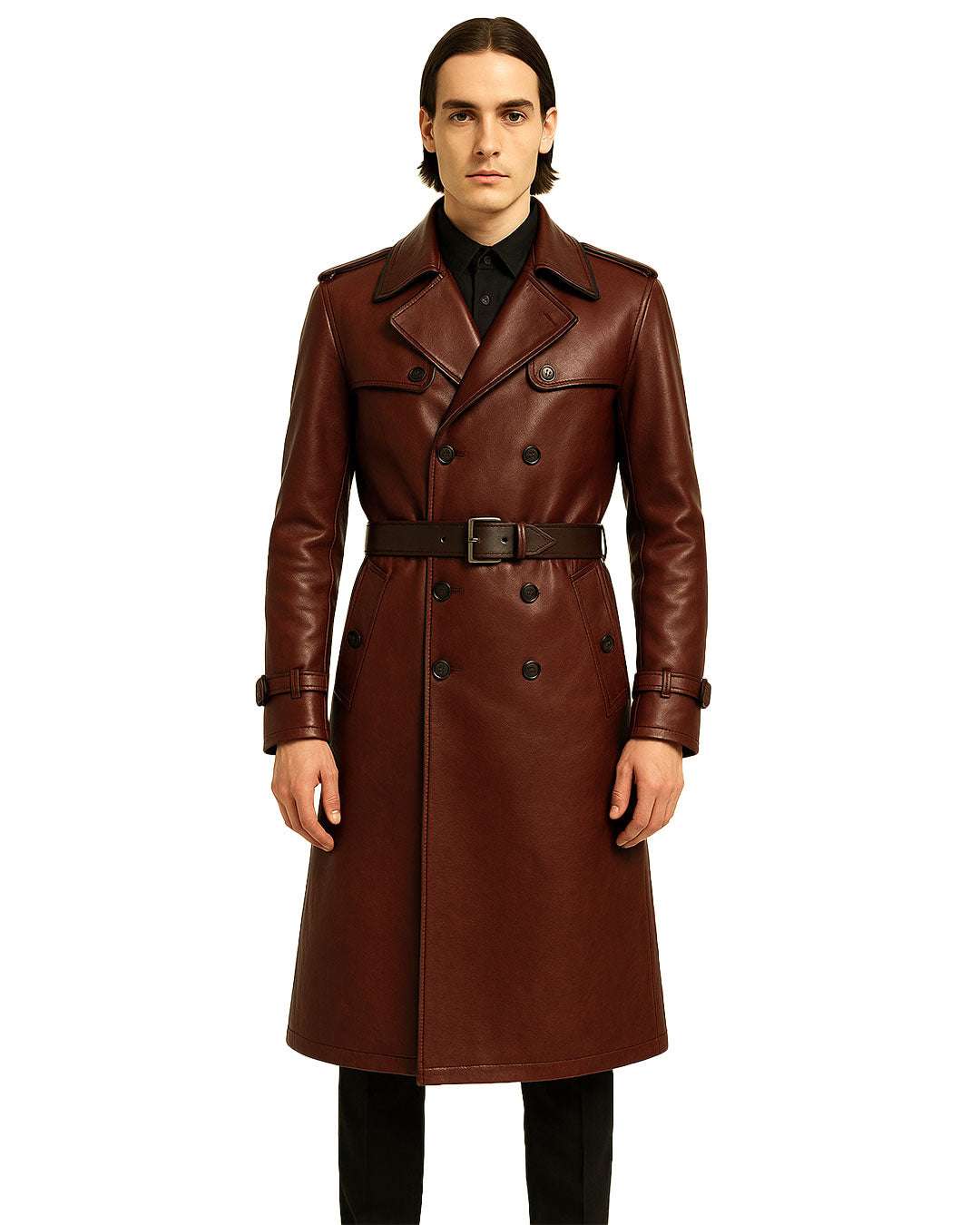 Maroon gothic leather trench coat with double-breasted front, belted waist, and epaulette shoulders on male model