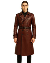 Maroon gothic leather trench coat with double-breasted front, belted waist, and epaulette shoulders on male model