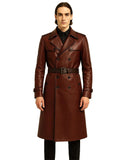 Maroon gothic leather trench coat with double-breasted front, belted waist, and epaulette shoulders on male model