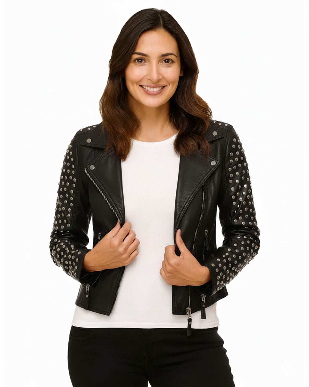 Woman wearing black leather Casual Studded Biker jacket with silver studs and asymmetrical zip