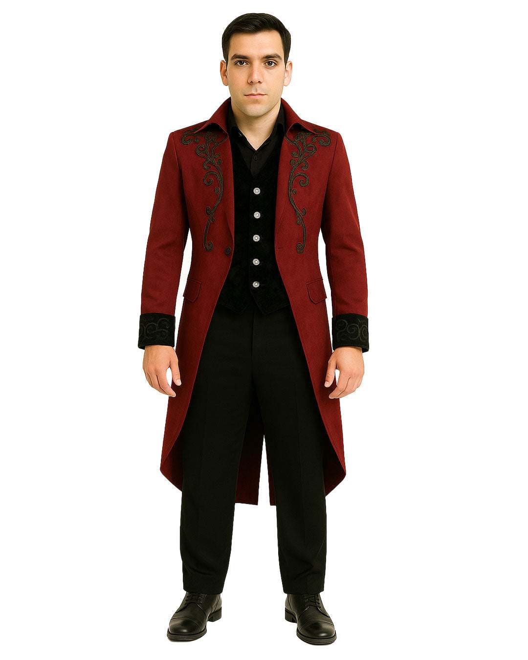 Men’s maroon velvet gothic tailcoat with embroidery and ornate buttons for gothic fashion lovers