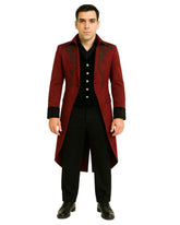 Men’s maroon velvet gothic tailcoat with embroidery and ornate buttons for gothic fashion lovers