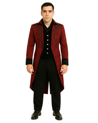 Men’s maroon velvet gothic tailcoat with embroidery and ornate buttons for gothic fashion lovers