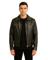Black Studded Leather Zip Jacket