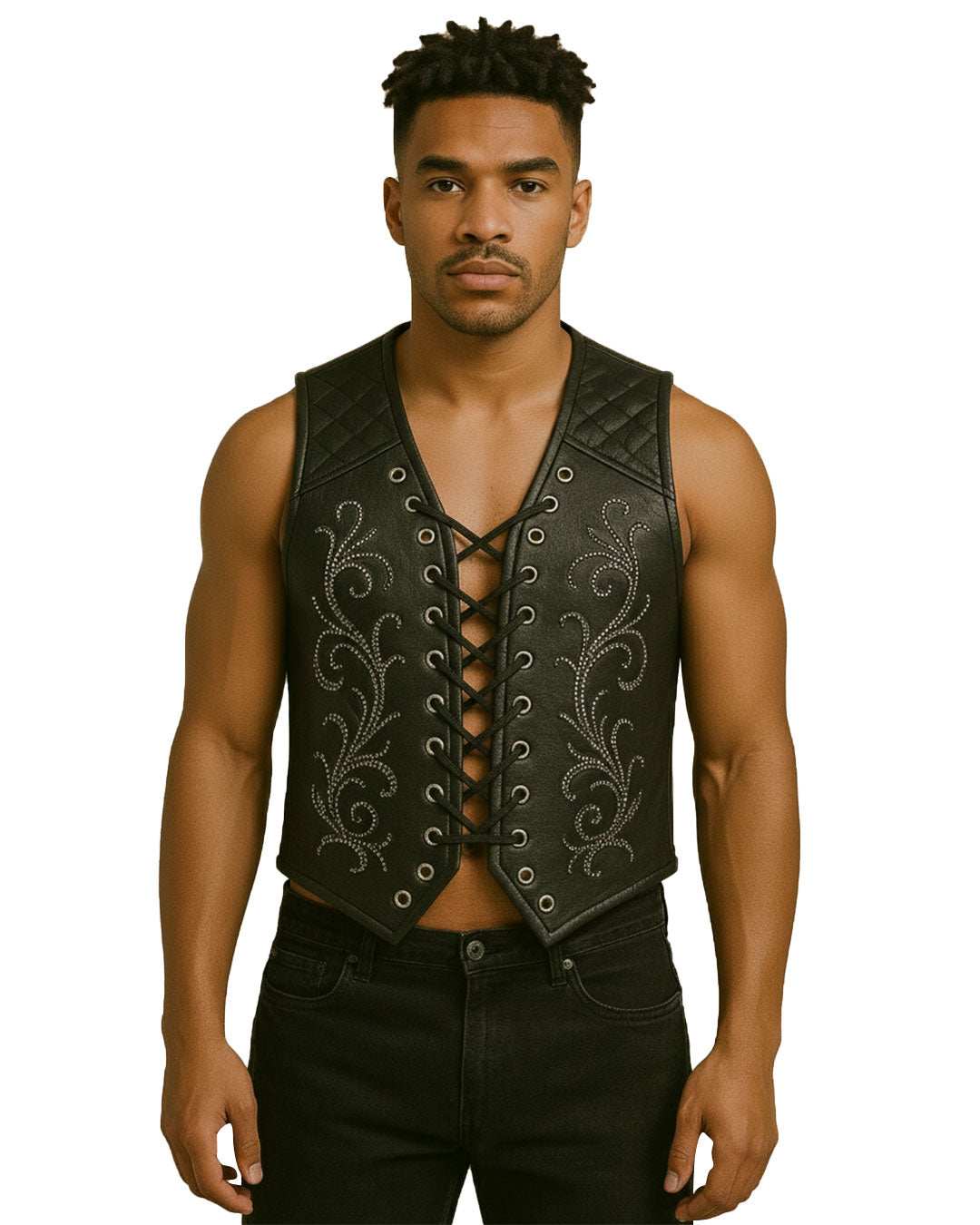 male model wearing black Lace Up Gothic Leather Vest with studded and rhinestone floral designs