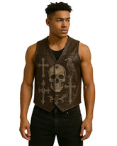 Raven Skull Leather Vest in dark brown with gothic skull, raven, and crosses design on male model