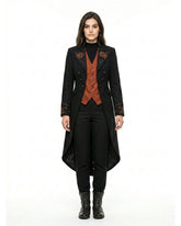 Women’s steampunk tailcoat in black with orange vest panel and pumpkin embroidery on front