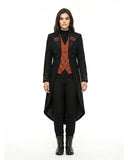Women’s steampunk tailcoat in black with orange vest panel and pumpkin embroidery on front