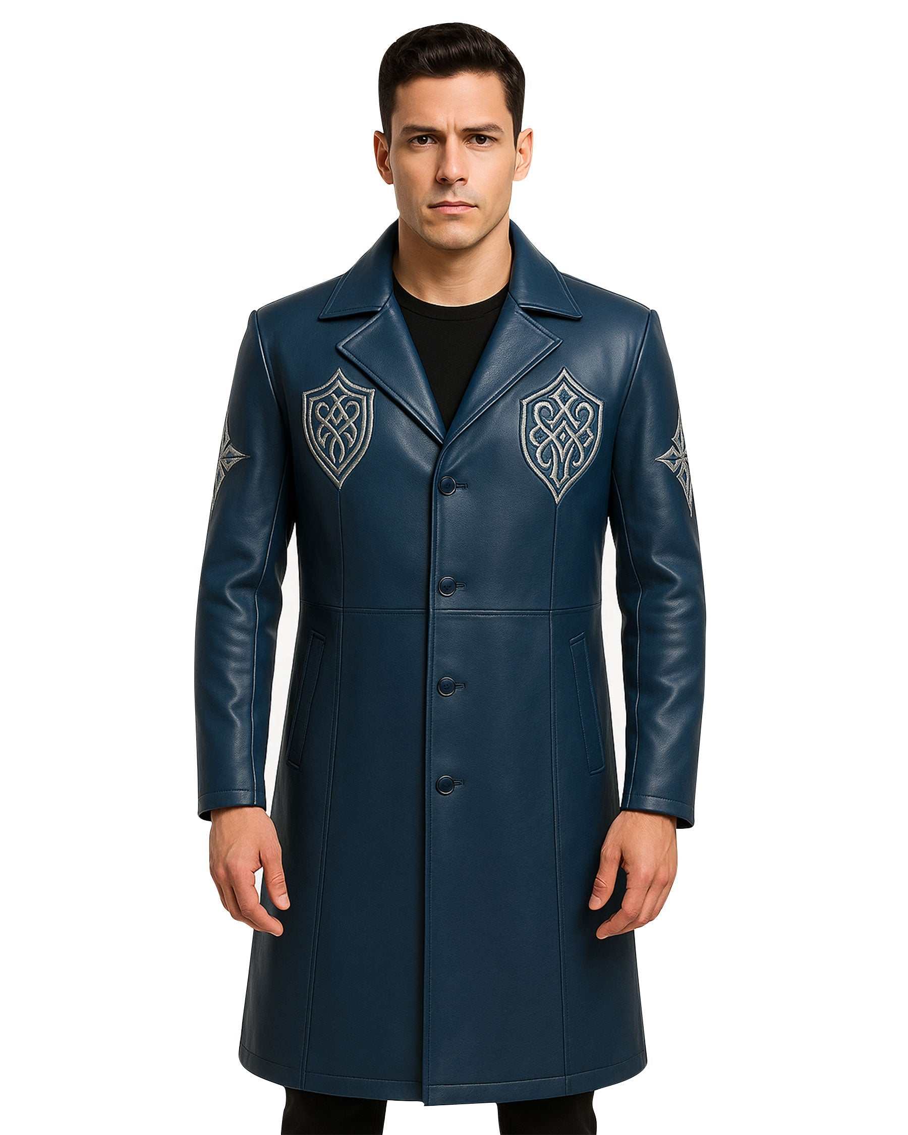 Men’s blue gothic leather coat with silver embroidery and tailored long silhouette worn by man