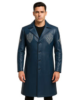 Men’s blue gothic leather coat with silver embroidery and tailored long silhouette worn by man