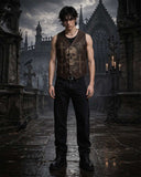 Raven Skull Leather Vest in brown leather with gothic skull, raven, and cross design for dark streetwear style