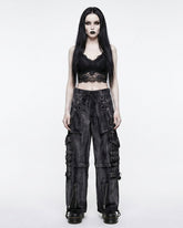 Black Acid Wash Gothic Cargo Pants – Distressed Wide-Leg Rave Trousers