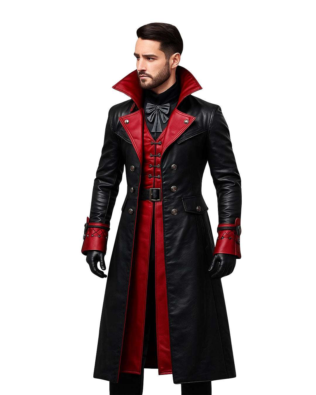 Men’s Gothic Vampire Faux Leather Trench Coat in black and red with high collar and double-breasted design