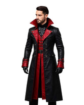 Men’s Gothic Vampire Faux Leather Trench Coat in black and red with high collar and double-breasted design