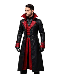 Men’s Gothic Vampire Faux Leather Trench Coat in black and red with high collar and double-breasted design