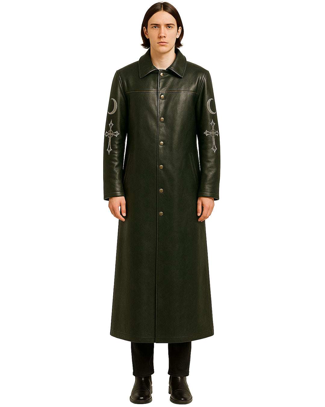 Men's green long flowing gothic coat with moon and cross embroidery in faux leather