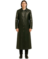 Men's green long flowing gothic coat with moon and cross embroidery in faux leather