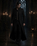 Gothic Victorian men's tailcoat with high collar and sharp, structured silhouette for formal gothic fashion