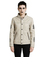 Gothic cream leather jacket with black embroidery on sleeves, snap-neck collar, button-front closure, and zippered pockets worn by model.
