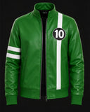 A green faux leather jacket with a black zip closure, featuring a vertical white stripe with a circular '10' patch on the left chest and two white stripes on the right sleeve, shown against a black background.