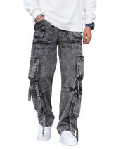 Men’s wide leg denim gothic cargo pants with relaxed fit and multiple utility pockets