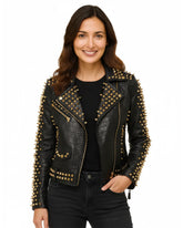 Women’s Black Crocodile Texture Studded Leather Jacket