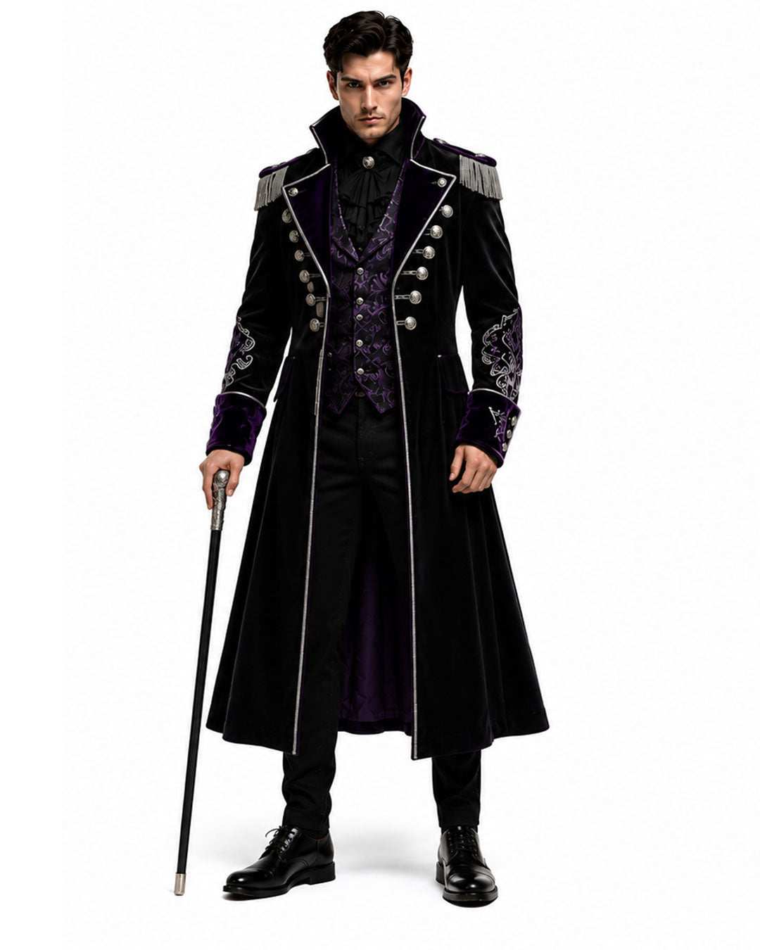 Obsidian Phantom gothic Halloween tailcoat with purple velvet and silver buttons