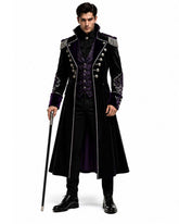 Men's gothic Halloween trench coat with purple velvet accents and Victorian vampire costume styling