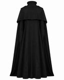 Back view of men’s black medieval Renaissance costume cloak with high collar, layered shoulder cape and flowing floor-length design.