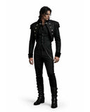 Black Swallow Tail Jacket in black velvet with high-low hem and ornate embroidery, gothic Victorian style.
