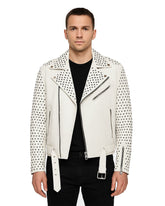 White Studded Leather Biker Jacket