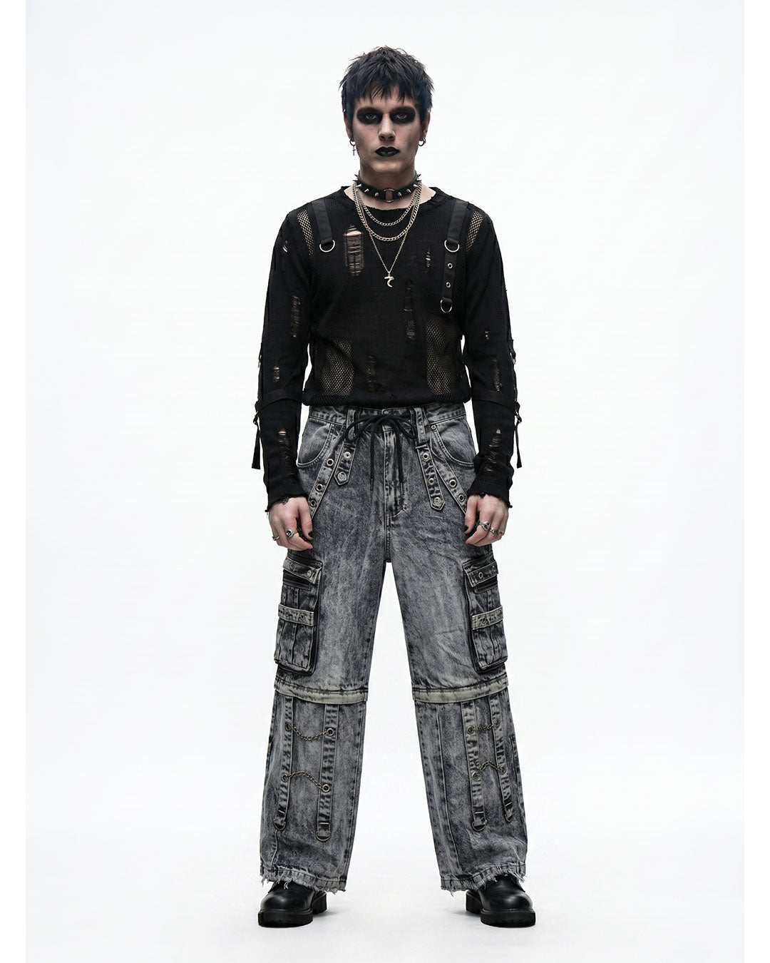 Men's Y2K cargo pants in washed dark denim with multiple pockets and relaxed oversized fit