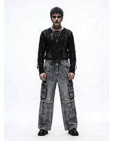 Men's Y2K cargo pants in washed dark denim with multiple pockets and relaxed oversized fit