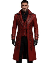 Men wearing Blood Red Gothic Leather Trench Coat with black embroidery and tailored silhouette