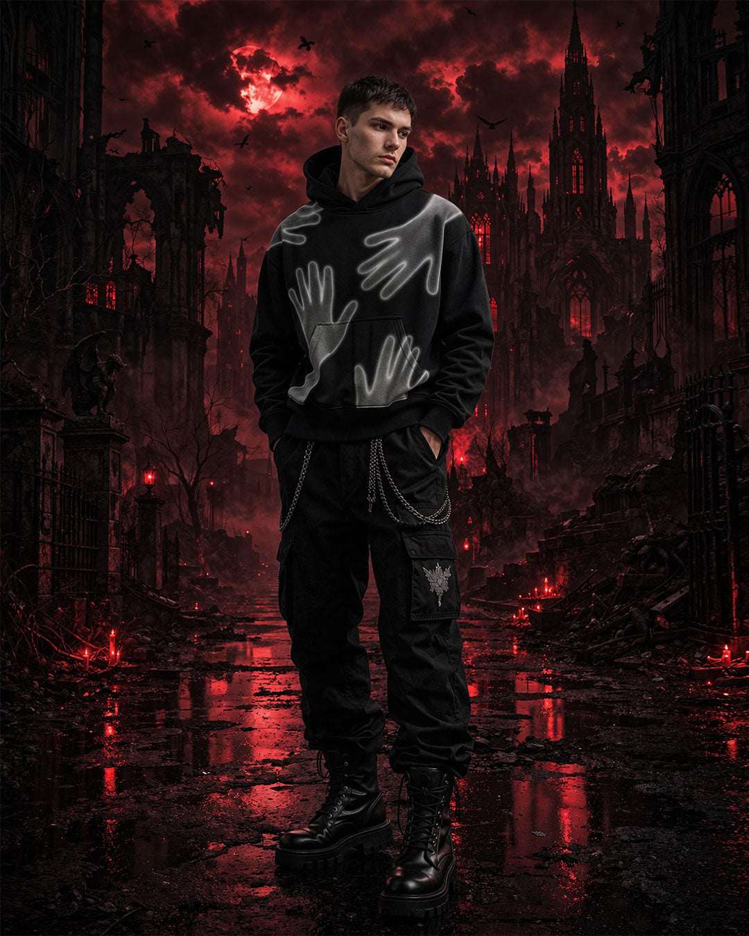 Unisex black hoodie with glowing white hand graphics for stylish streetwear