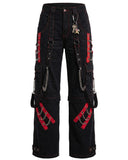 Women's Gothic Punk Cargo Pants Black Red Chain Strap