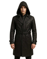 Black leather hooded trench coat with belt, perfect for streetwear gothic fashion.