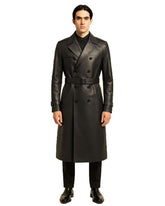 Black Rose Leather Trench Coat black full-grain leather double-breasted long coat with adjustable waist belt and military-inspired details