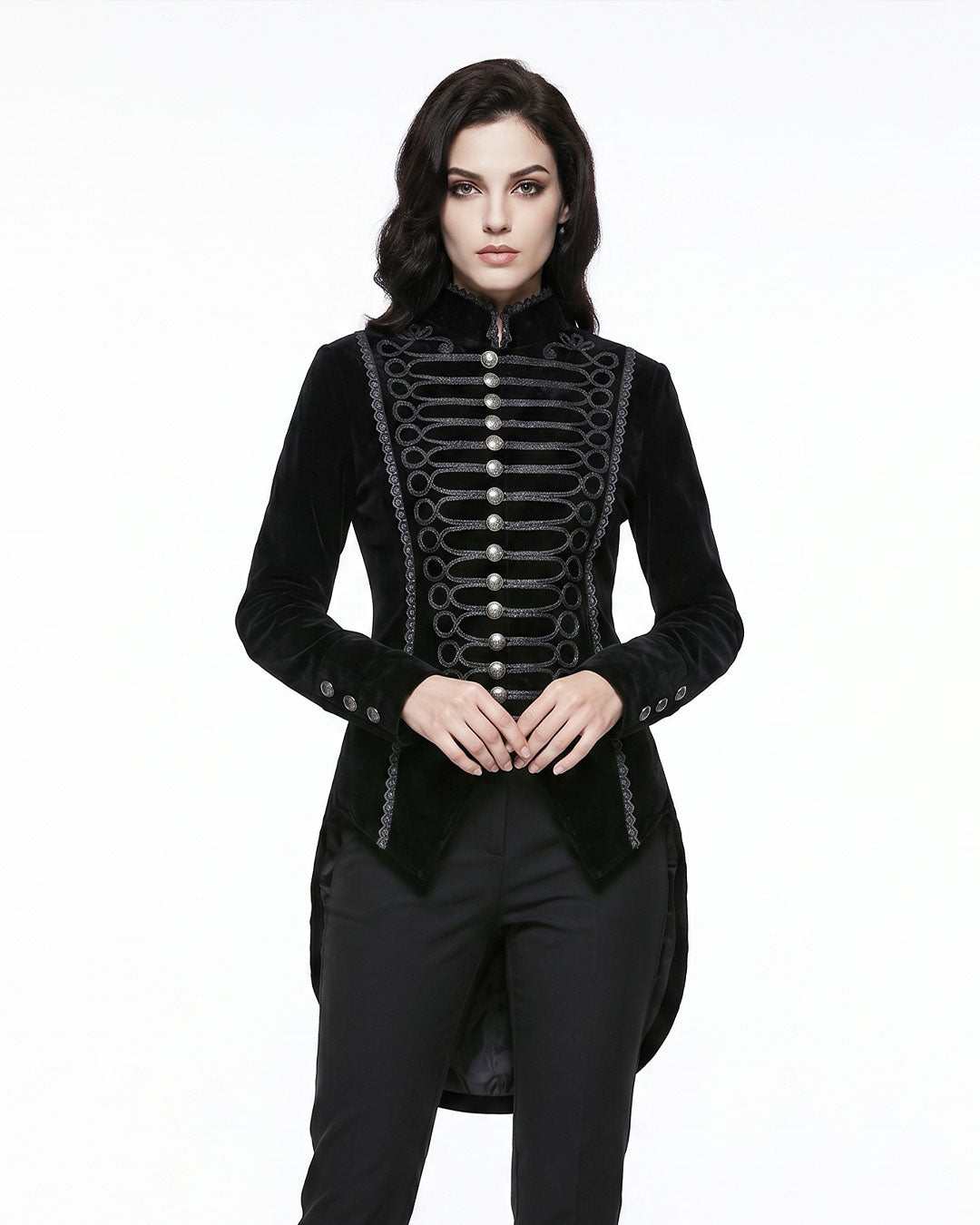 Women's velvet gothic tailcoat with intricate buttons and sweeping tails by TRIPPPRS
