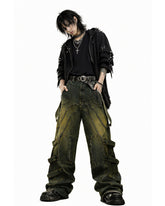 Mens baggy cargo jeans in washed dark denim with wide-leg fit, utility straps, curved seam panels, and streetwear styling shown in product and model view.