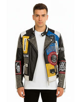 Men’s Multicolor Patchwork Leather Jacket with vibrant patches, studded detailing, and black leather base